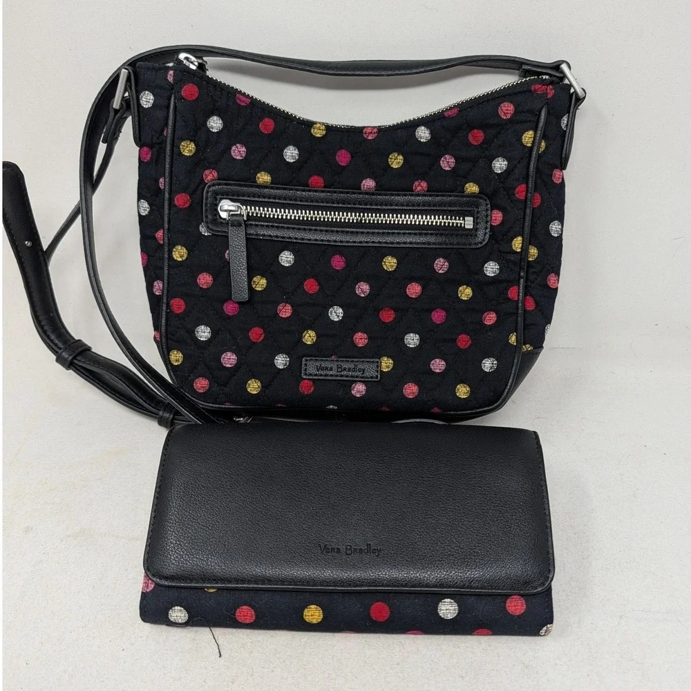 Vera Bradley Black Polka Dot Quilted Crossbody Bag and Matching Wallet Set
